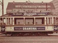 Triebwagen 91 mit "Orangina-Werbung" im Betriebshof Saarbrücken, 1959