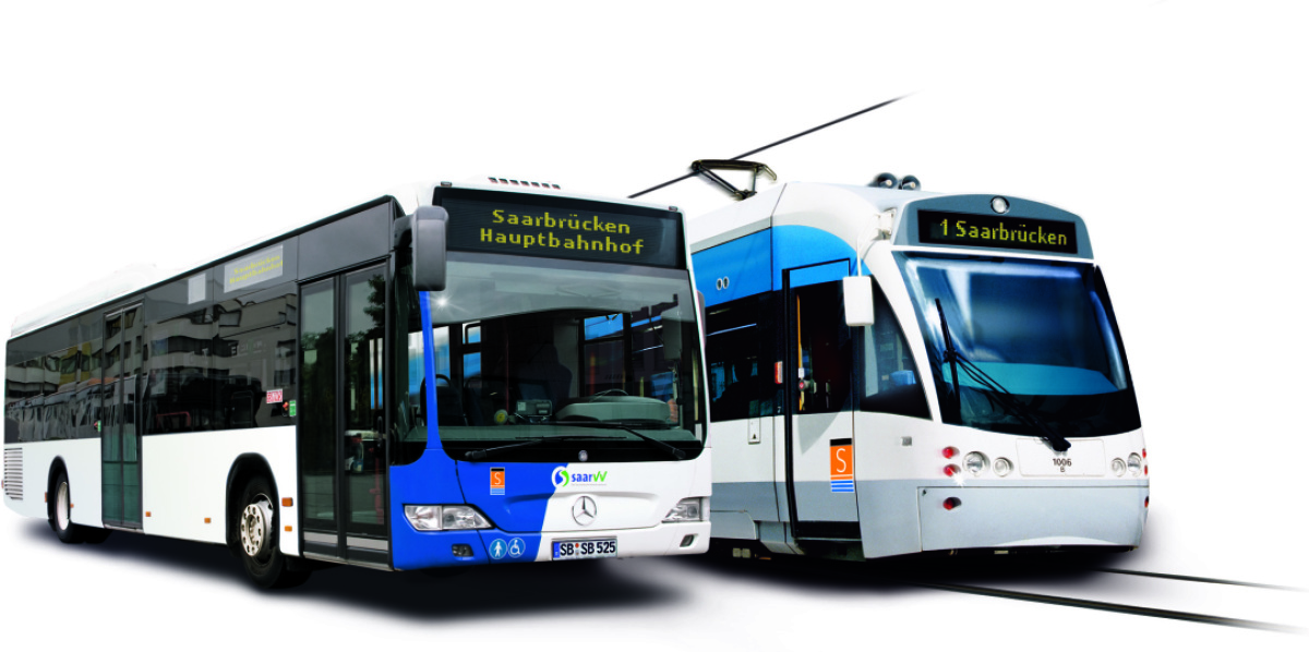Ein Tarifvertrag für die Beschäftigten im Fahrdienst. Eine Saarbahn und ein Bus nebeneinander vor weißem Hintergrund.