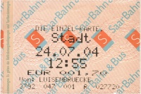 Aus automatischen Fahrscheindruckern kamen die Fahrscheine ab 1997, wie dieser hier, der 2004 bereits in Euro statt D-Mark bezahlt wurde.