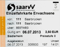 Der Fahrschein von 2013 war schon ein typischer Verbundfahrschein des saarVV, mit dem man auch Regionalbahnen und Buslinien anderer Betreiber nutzen konnte.