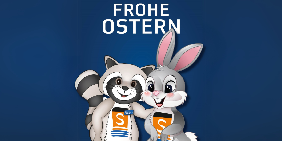 BaBu Ostern Die Saarbahn wünscht Ihnen frohe Ostern. Auf dem Bild sind BaBu und ein Osterhase im Comicstil, Arm in Arm zu sehen