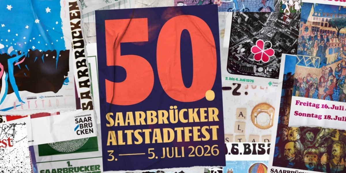 Collage historischer Altstadtfestplakate mit der Aufschrift "50. Saarbrücker Altstadtfest 3.-5. Juli 2026"