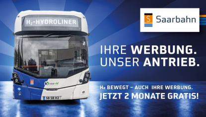 Wasserstoffbus der Saarbahn mit Text: Ihre Werbung. Unser Antrieb. Jetzt 2 Monate gratis!